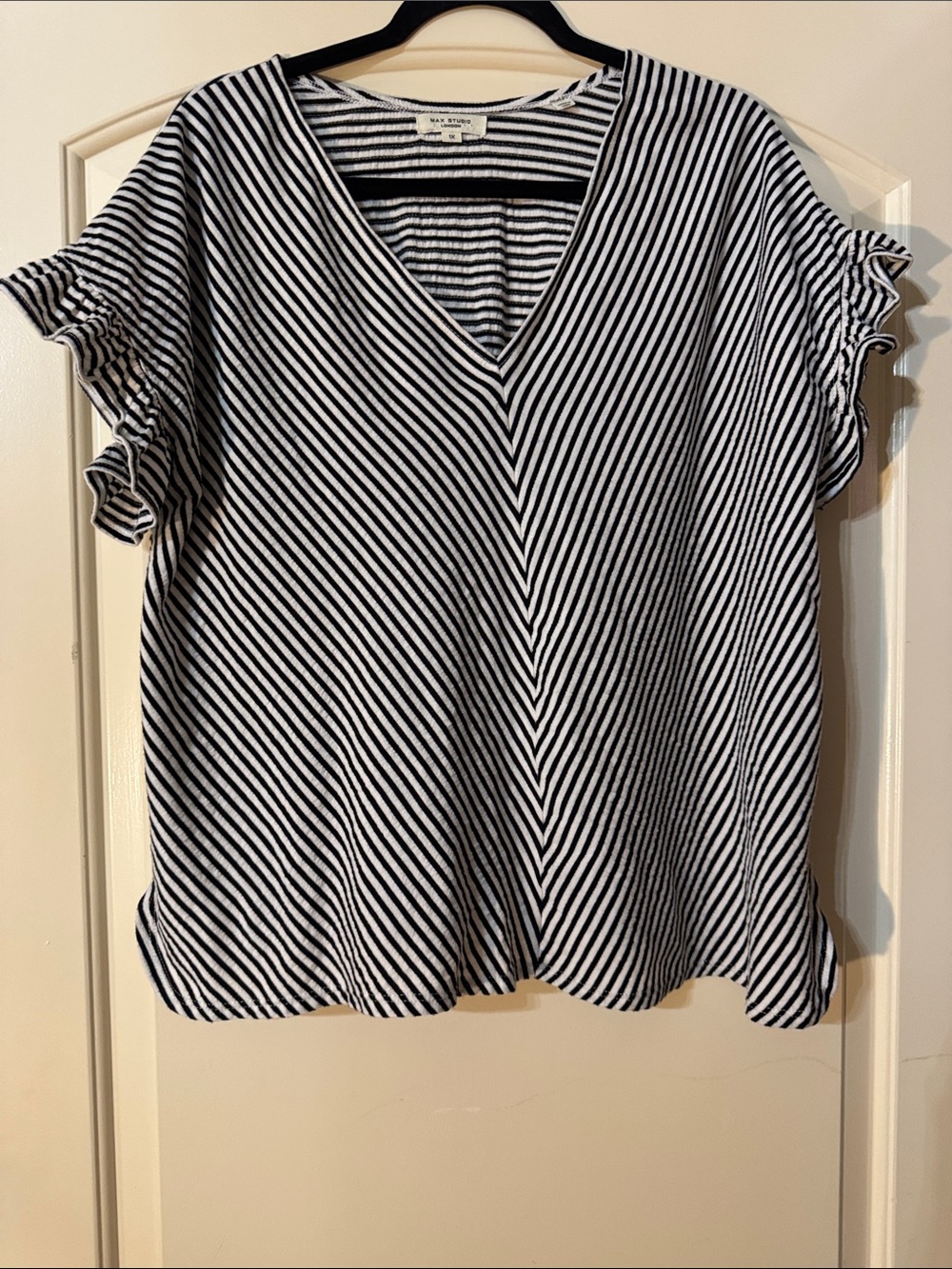Max Studio Black and White Striped V-Neck Ruffle Sleeve Top 1X